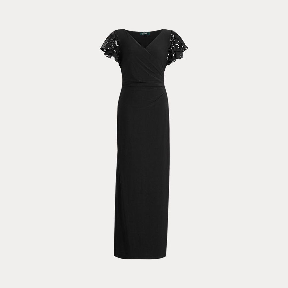 Ralph Lauren Black Jersey Flutter-Sleeve Gown